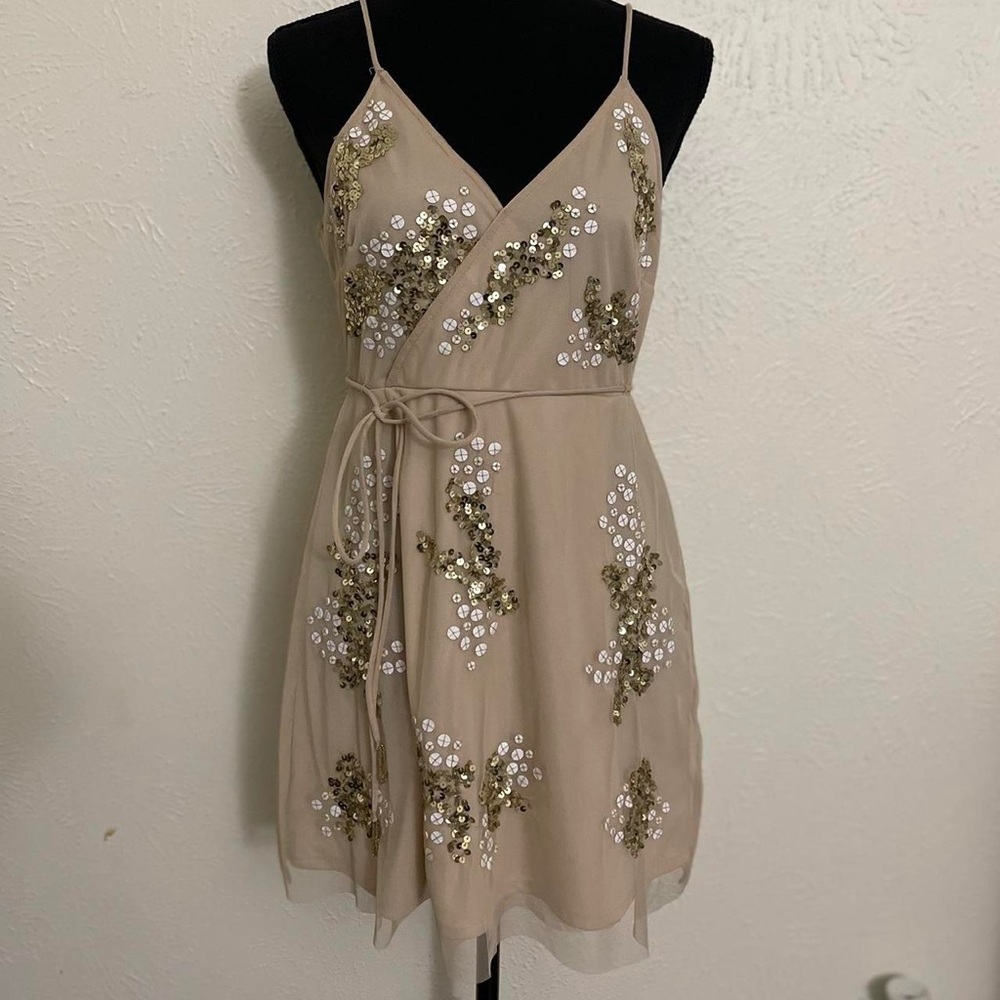 Party season! Altar’d State tan sequin & tulle overlay dress. S